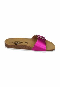 Pink satin slide sandal with a wide strap and silver buckle, cork footbed, and white rubber sole; clean, minimalist design.