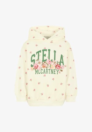 Felpa crema con piccoli motivi di rose rosa, testo verde "STELLA MCCARTNEY" e un gruppo di fiori ricamati in rosa e arancione sul petto.