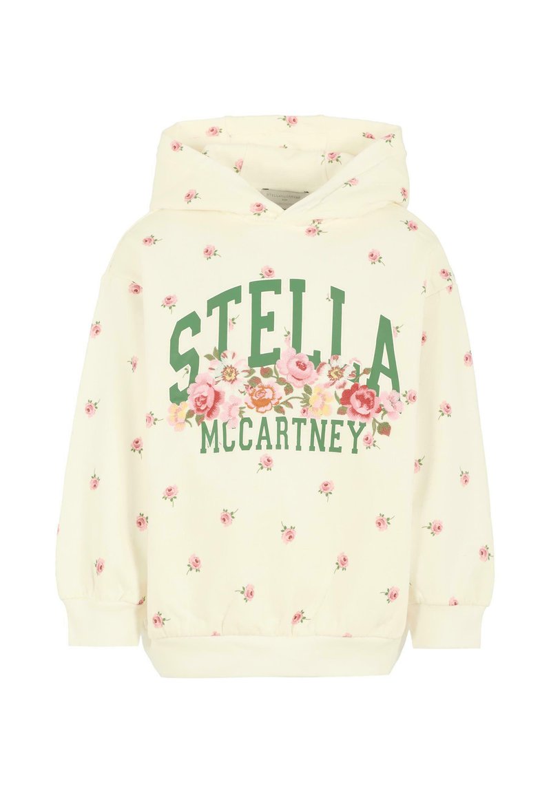 Felpa crema con piccoli motivi di rose rosa, testo verde "STELLA MCCARTNEY" e un gruppo di fiori ricamati in rosa e arancione sul petto.