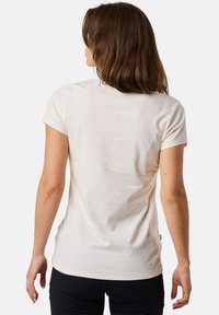 Licht beige korset met korte mouwen, gemaakt van zachte katoen, met een ronde halslijn en een gladde textuur, met een lichte gebogen zoom aan de achterkant.