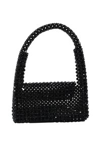 Borsa a tracolla nera con perline, dalla forma strutturata, manico arrotondato e superficie testurizzata, dotata di una piccola chiusura a pattina.