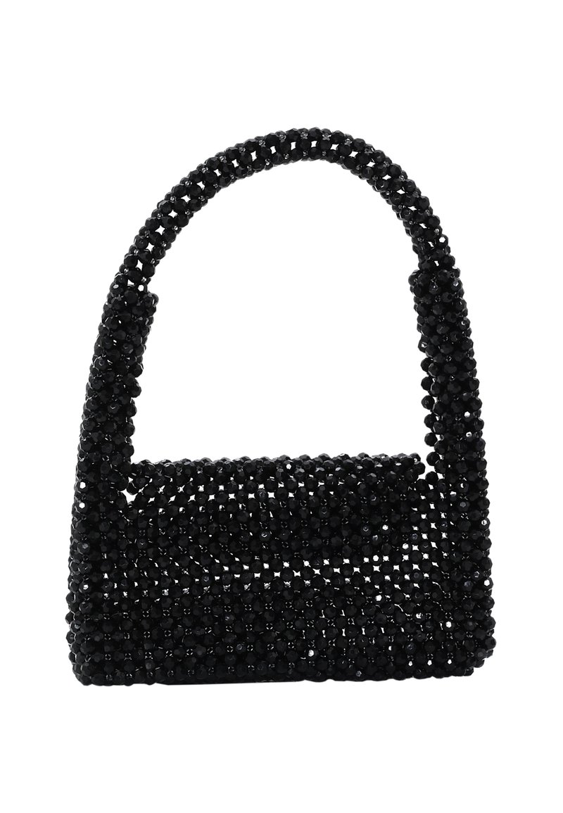 Borsa a tracolla nera con perline, dalla forma strutturata, manico arrotondato e superficie testurizzata, dotata di una piccola chiusura a pattina.