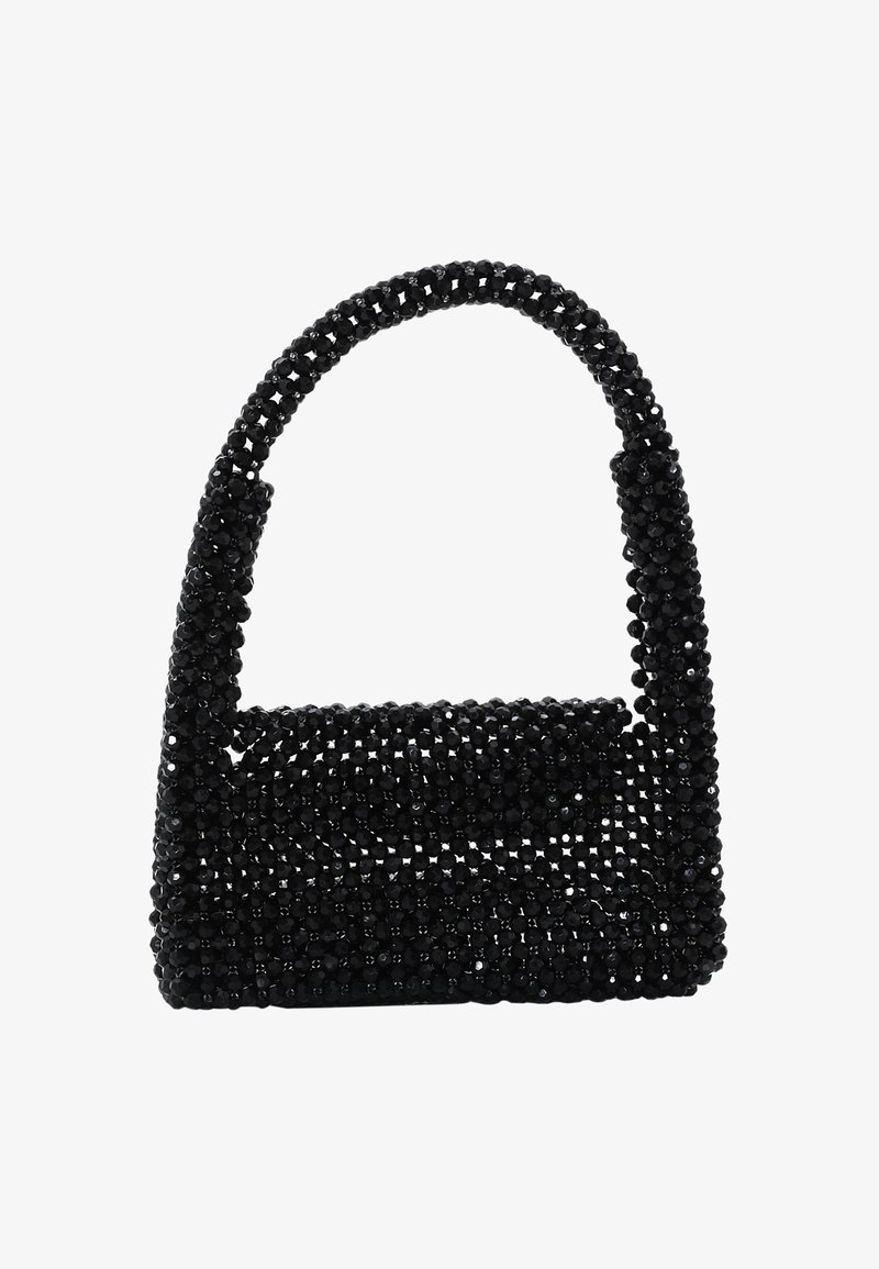 Borsa a tracolla nera con perline, dalla forma strutturata, manico arrotondato e superficie testurizzata, dotata di una piccola chiusura a pattina.