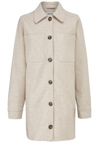 Beige wollen blendjas met een kraag, sluiting met knopen aan de voorkant, twee borstzakken en lange mouwen. Zachte textuur met een gladde afwerking.
