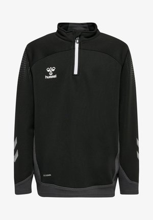 Sort sportsjakke med kvart lynlås, mesh-detaljer, reflekterende sølvlogo og striber, lavet af let, tekstureret stof.