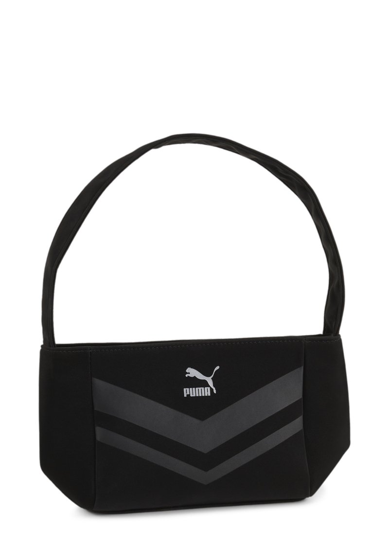 Čierna plátenná taška s chevronovým vzorom v tmavo šedej farbe. Má logo v strede a jedno ramenné pútko na nosenie.