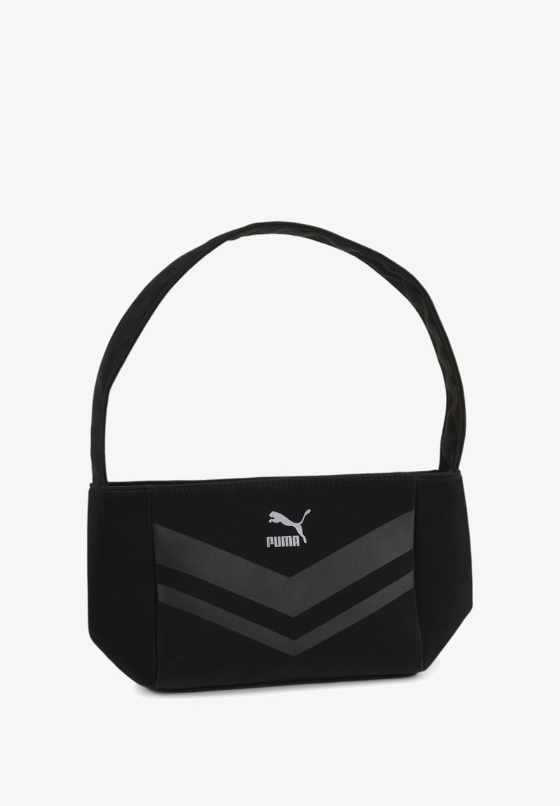 Schwarze Canvas-Handtasche mit einem Chevron-Muster in Dunkelgrau. Verfügt über ein Logo in der Mitte und einen einzelnen Tragegurt.