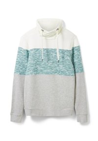 Pullover leggero con colletto alto. Presenta un pannello anteriore a righe bianche e teal e un corpo grigio. Dotato di stringhe di regolazione e polsini a coste.