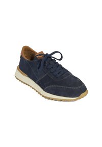 Navy Suede Sneaker mit tonalen Nähten, runder Zehenpartie, navy Schnürsenkeln und akzenten aus hellbraunem Leder. Die Cremefarbene Gummisohle hat ein strukturiertes Profil für besseren Halt.