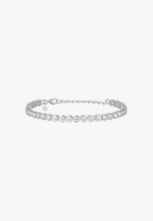 Silberne Armbanduhr mit runden, klaren Edelsteinen, die in einem verlinkten Design gefasst sind, mit einem sicheren Verschluss und einer verstellbaren Kette für Größenvariationen.