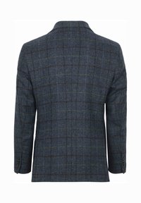 Wollen blazer in donkerblauw met een geruit patroon. Heeft een geknipt kraag, lange mouwen en knoopdetails op de manchetten. Gelaagde afwerking.