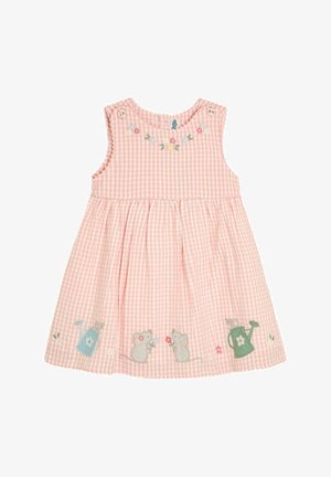 Ružová károvaná šaty s naskladanou sukňou, vyšívanými kvetinovými akcentmi a tromi ilustráciami myší s kvetinovými detailmi na leme.