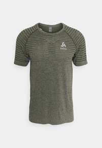 Dark green athletic t-shirt with short sleeves, horizontal striped texture on shoulders, and a small white logo on the chest.
