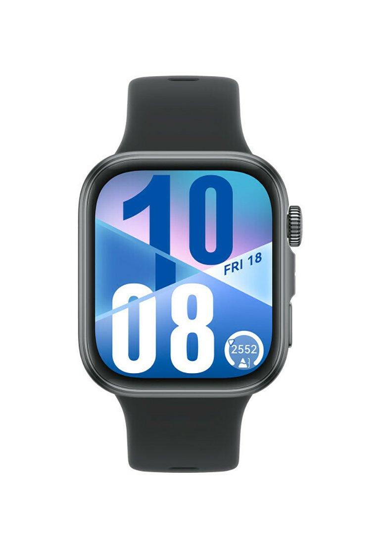 Smartwatch with a square black case and a silicone strap. Display shows blue and pink geometric background with large white digital time and date.