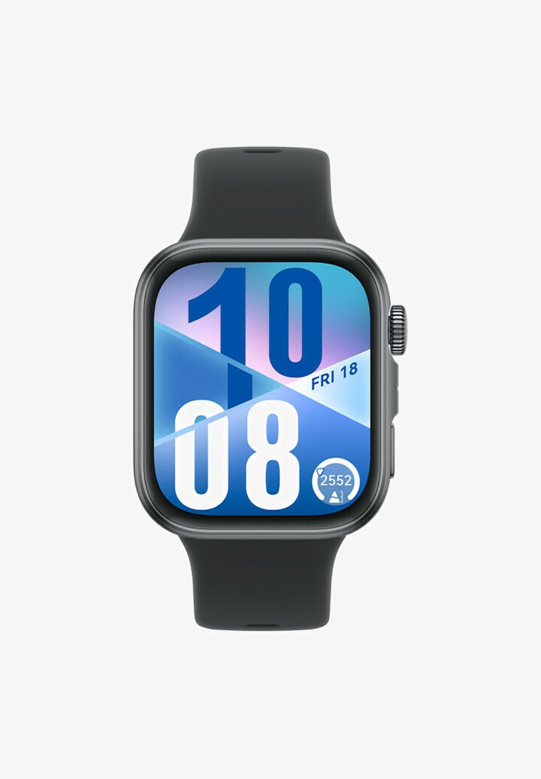 Smartwatch with a square black case and a silicone strap. Display shows blue and pink geometric background with large white digital time and date.