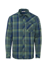 Camisa de manga larga de cuadros verdes y azules con cuello abotonado, bolsillo en el pecho y detalle de logo en la parte superior izquierda.