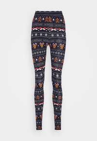Marine leggings med et ferie-mønster som viser pepperkakemenn, sukkertøystokker, snøfnugg og teksten "God Jul" i rødt og hvitt.