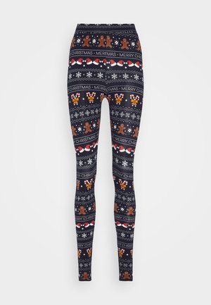 Navy leggings with a holiday pattern featuring gingerbread men, candy canes, snowflakes, and "Merry Christmas" text in red and white.
