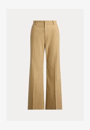 Pantaloni bej cu talie înaltă, picior larg, cu șlițuri pentru curea și închidere frontală ascunsă pe fundal alb.