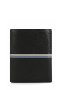 Cartera de cuero negro con acabado texturizado, con tres franjas horizontales en gris y azul en el centro. Forma cuadrada compacta.