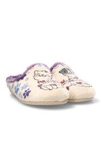 Zapatillas suaves de color crema con una textura de felpa, ribete de peluche morado y diseños de gatos bordados, acentuadas con patrones de huellas de patas.