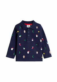 Polo a maniche lunghe blu navy con motivi natalizi ricamati, tra cui Babbo Natale, calze, pan di zenzero e agrifoglio. Presenta un colletto classico e bottoni.
