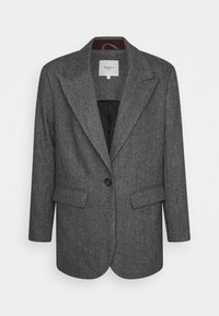 Engrå ullblazer med en knapp, med slagkrage och framfickor, visad mot en vit bakgrund.
