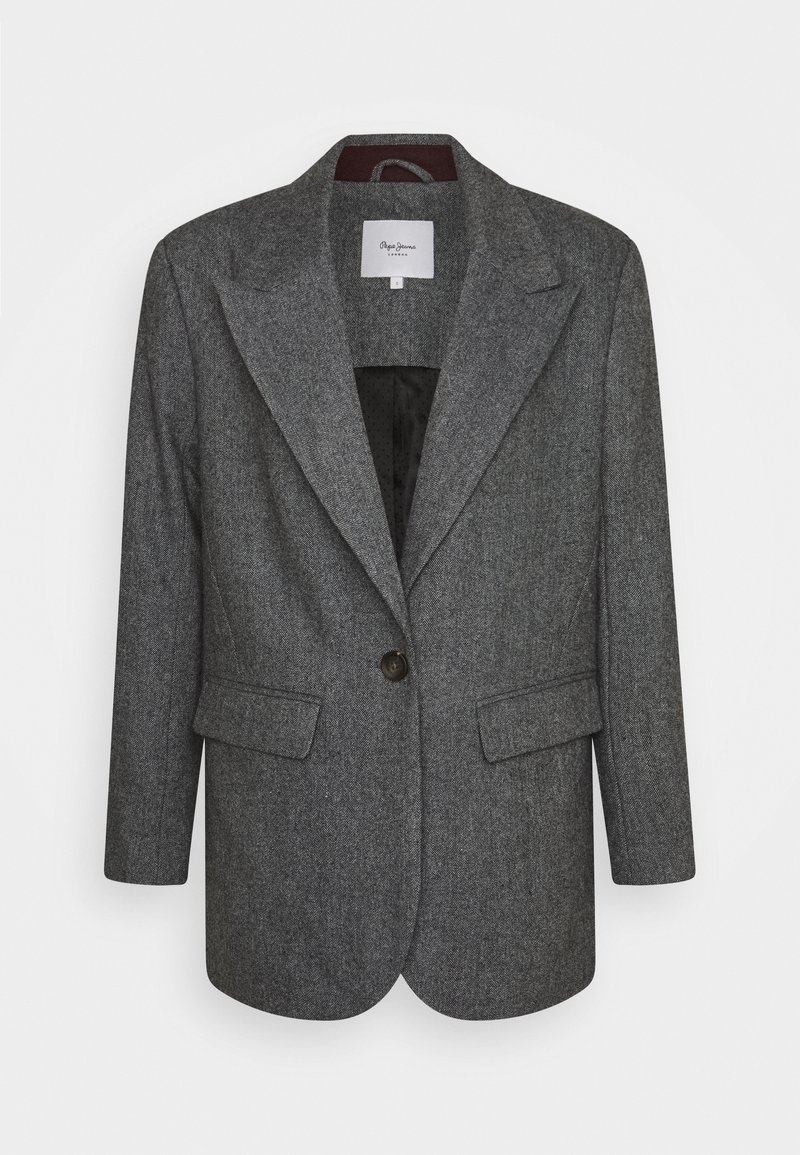 Blazer gris de lana de un botón con solapas de muesca y bolsillos de solapa delanteros, mostrado sobre un fondo blanco.