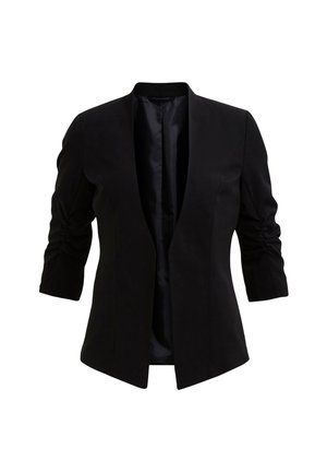 Black blazer with three-quarter sleeves, open front, and slight ruching on sleeves. Smooth fabric with a satin-like interior finish.