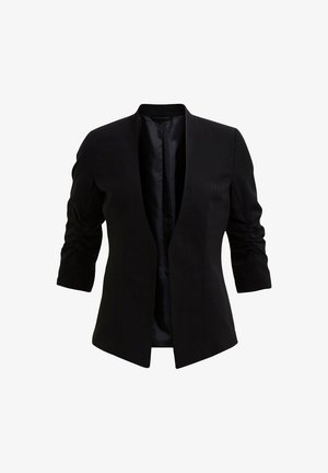 Black blazer with three-quarter sleeves, open front, and slight ruching on sleeves. Smooth fabric with a satin-like interior finish.