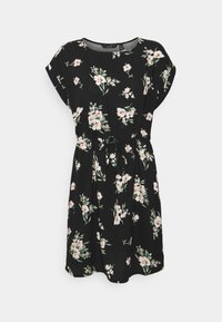 Robe noire à manches courtes, motif floral rose et vert, taille cintrée avec un détail noué, et une coupe décontractée.