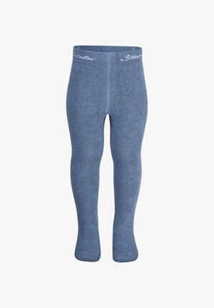 Blaue, gerippte Strumpfhosen mit weicher Textur, versehen mit einem Taillenbund, der ein dezentes weißes Logo aufweist. Entwickelt für Komfort und Stil in der Kinderbekleidung.