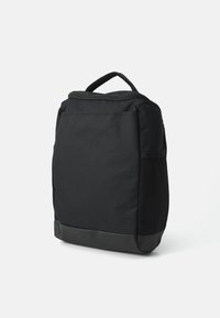 Black rectangular backpack with top handle, zippered main compartment, and side pockets, standing upright on a white background.