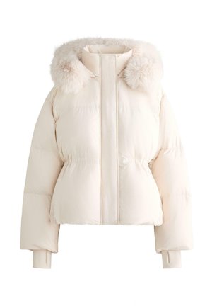 Plyšová bunda v krémovej farbe s umelou kožušinovou kapucňou, prešívaným dizajnom, skráteným strihom a elastickými manžetami. Mäkká textúra s hladkým povrchom.