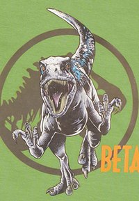 T-shirt met een grote, agressief uitziende dinosaurusschillo in zwart-wit, die wordt benadrukt tegen een groene achtergrond, met "BETA" in oranje.