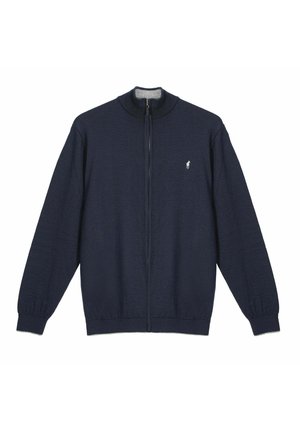 Pull à fermeture éclair intégrale bleu marine avec poignets et col côtelés, arborant un petit logo de cheval blanc brodé sur le côté gauche de la poitrine.