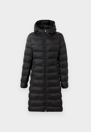 Black puffer coat, knee-length, with a hood, featuring horizontal quilted pattern, front zipper closure, and side pockets.
