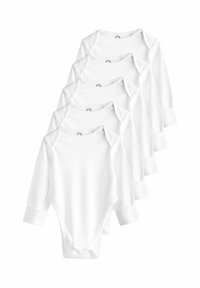 Cinq grenouillères à manches longues blanches en tissu doux, avec un col rond, une fermeture à pression en bas et des manches à poignets.