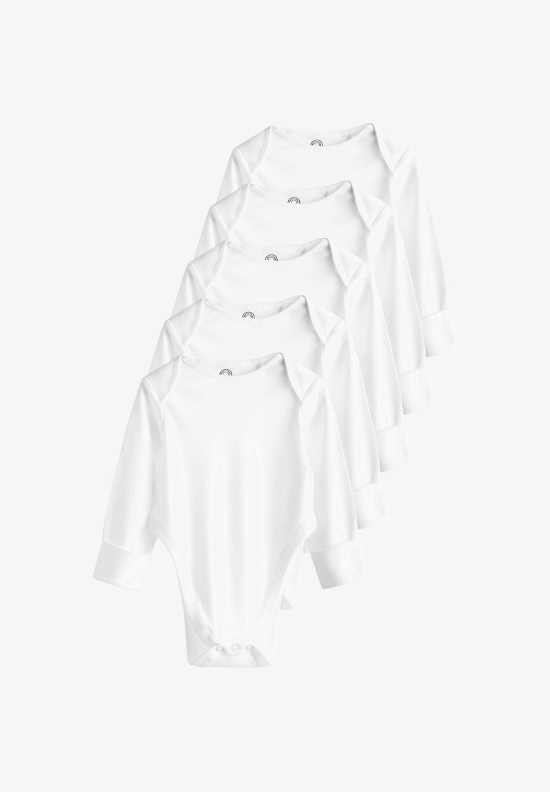 Five long-sleeve white onesies made of soft fabric, featuring a round neck, button snap closure at the bottom, and cuffed sleeves.