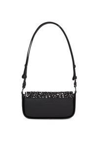 Schwarze Leder-Schultertasche mit einem strukturierten, schwarz-weißen, gewebten oberen Rand, verstellbarem Trageriemen und minimalistischem Design. Horizontale, rechteckige Form.