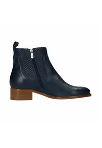 Navyblaue Lederstiefeletten mit einer strukturierten Oberseite, einem seitlichen Reißverschluss und einem niedrigen gestapelten Absatz.