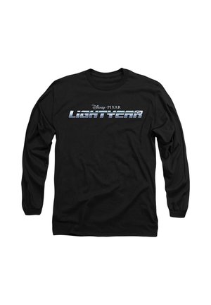 Schwarzes Langarmshirt mit dem Logo "Disney Pixar Lightyear" in metallic Silber, zentriert auf der Brust, auf weißem Hintergrund präsentiert.