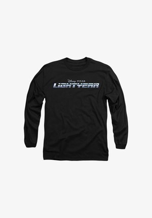 Black long-sleeve shirt with "Disney Pixar Lightyear" logo in metallic silver centered on chest, displayed on plain white background.
