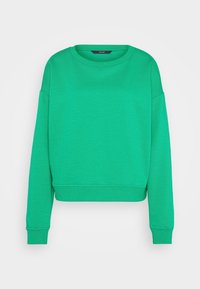 Sudadera verde recortada con cuello redondo, mangas largas y puños acanalados. Hecha de una tela suave con una textura lisa. Diseño simple y sólido.