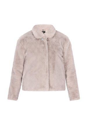 Neppels jacket in lichtbeige, met een ronde kraag, voorzijdige drukknoopsluiting en decoratieve edelsteentaccent nabij de sluiting.