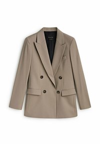 Blazer croisé taupe avec des revers nets. Comprend deux poches avant et des boutons noirs distinctifs. Texture de tissu lisse.