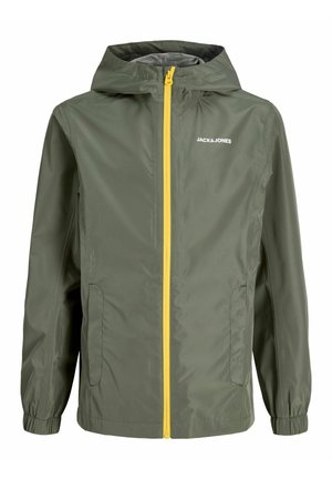 Jachetă verde cu glugă, fermoar frontal galben, manșete elastice, buzunare laterale și logo alb "JACK & JONES" pe piept.