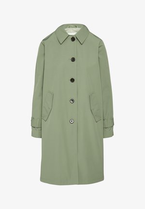 Vaaleanvihreä sadetakki klassisella kauluksella, viiden napin kiinnitys, kaksi sivutaskua ja säädettävät hihansuut. Valmistettu sileästä, vettä hylkivästä materiaalista.