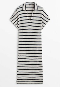 Abito corto a maniche corte fino al ginocchio con righe orizzontali blu navy, tessuto a trama e colletto a V profondo.