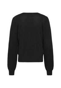 Sort cropped sweater med rund halsudskæring, ribbede lange ærmer og en tekstureret overflade med subtil glans. Vist fra bagved.